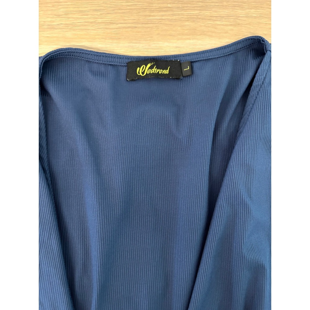 Wedtrend Navy Blue Wrap Dress V-Neck Short Sleeve Ribbed Midi Cocktail Dress L - Picture 3 of 4